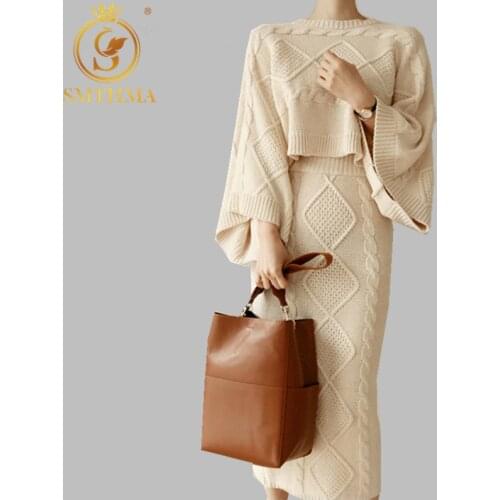 SMTHMA High Quality Luxury Runway Women Winter Warm Flare Sleeve Loose Knitting Sweater+Slim Split Two-Piece Long Skirt Suit