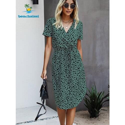 Bechsissi Womens 2021 New Summer Polka Dot Print Midi Dress Short Sleeve Tie Waist Sundress Casual Green Dresses For Woman
