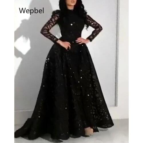 WEPBEL Sequined Expandable Evening Gown Dress Summer Women Party Dress Long-Sleeved High Waist Big Swing Black Dresses