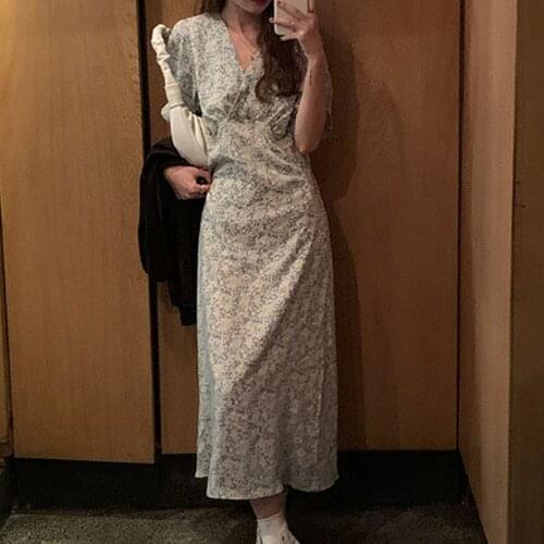2021 Summer Floral Maxi Dress Women French Sexy Chiffon Dresses Office Lady Casual Loose Long Dress Robe Femme Fairy Chic 15253