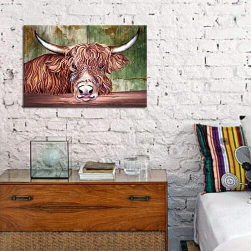 Animal Funny Cow Painting Highland Poster Art Prints Rustic Canvas Artwork for Living Room Kitchen Farmhouse Decor