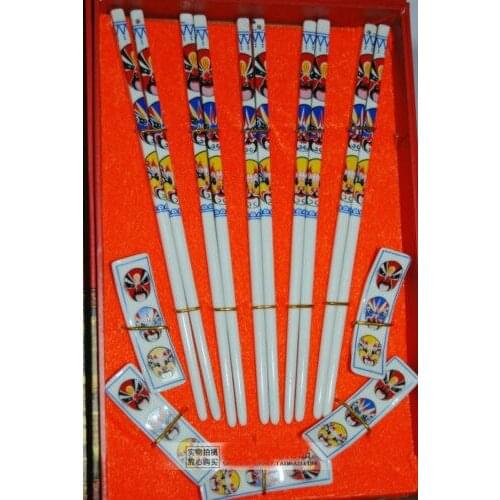 5Pairs Chinese Handmade Vintage Porcelain Facebook Chopsticks& Brackets Gift Set