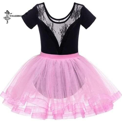 Girls Ballet Dress Gymnastics Leotars Lace Mesh Two Piece Dress Style Tights Short Sleeves Gymnastics Swimsuit Dancing Dress