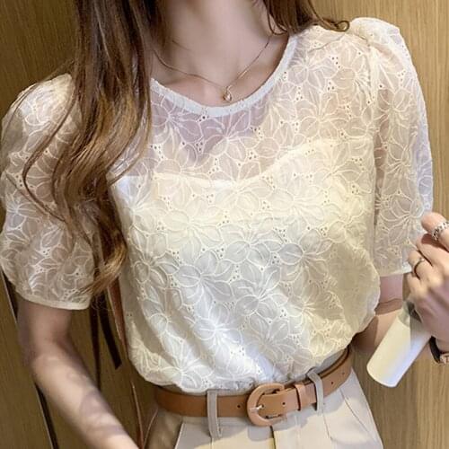 Blusas Summer Blouse Women Short Sleeve O-Neck Lace Blouse Shirt Tops Women Blusas Mujer De Moda 2021 Blouses Top Femme E945