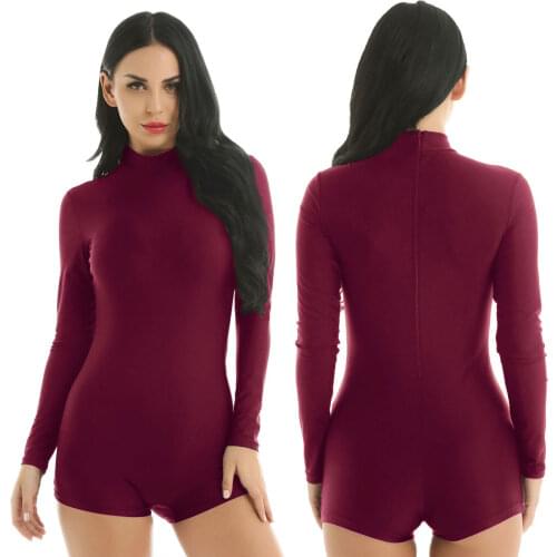 Women Mock Neck Long Sleeve Solid Color Stretchy Ballet Gymnastics Leotard Adult Bodysuit Gym Unitards Stage Dance Wear