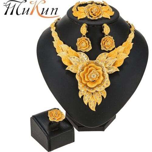 Dubai Gold Necklace Bracelet Earring Ring Jewelry Sets For Women Flower Shape African France Bridal Wedding Party Jewelery Gift