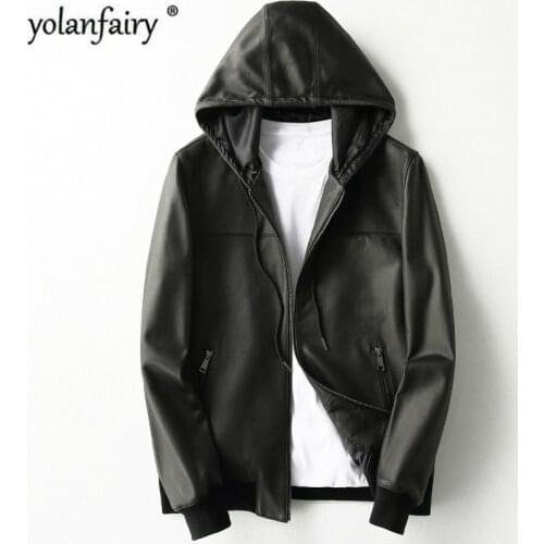 Real Sheepskin Coat Hooded Bomber Genuine Leather Jacket Men Motorcycle Leather Jackets Coats Chaqueta Cuero Hombre KFS19M017
