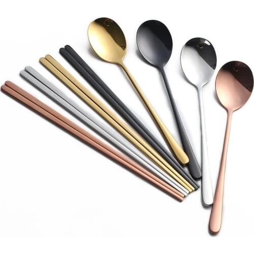 LIYIMENG 304 Stainless Steel 1Pairs Chopstics & 1Pcs Spoon Dinnerware Set Korean Style Tableware Accessories Kitchen Tools