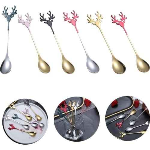Deer Head Shape Stainless Steel Stirring Spoon Romantic Christmas Elk Coffee Dessert Spoon Exquisite Tableware Gift Box Set