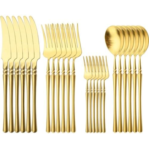 6People Matte Gold Tableware Vintage Knife Cake Fork Tea Spoon Dinnerware Set 304 Stainless Steel Cutlery Set Kitchen Silverware