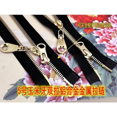 #5 metal zipper/double sliders/two zip head/two pullers/polishing/black tape/gold teeth/open-end 100cm/for repair skirt/garment