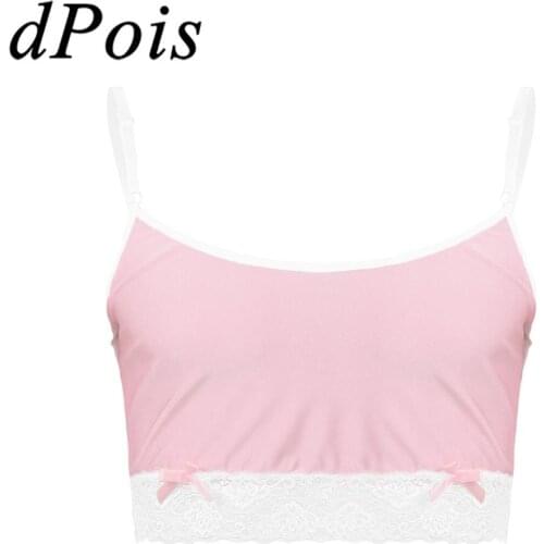 Mens Sissy Lingerie Gay Male Silky Lace Hemline Camisole Tanks Top Spaghetti Straps Vest Crop Tops Homme Sexy Camis Nightwear