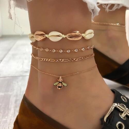 4 Pcs/ Set Fashion Bee Shell Chain Crystal Gem Gold Pendant Multilayer Anklet Set Women Exquisite Jewelry Lover Gift