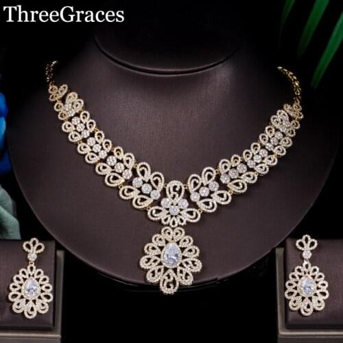 Threegraces Dubai Gold Bridal Wedding Necklace Earring Sets Micro Paved Luxury Zirconia Nigerian Jewelry Set for Women JS077