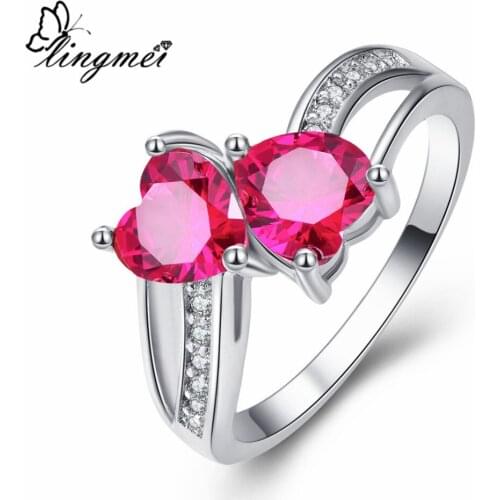 Lingmei New Arrive Two Hearts Design Red Cubic Zirconia Silver ColorRing Size 6-9 Cute lovers' Classic Jewelry Wedding