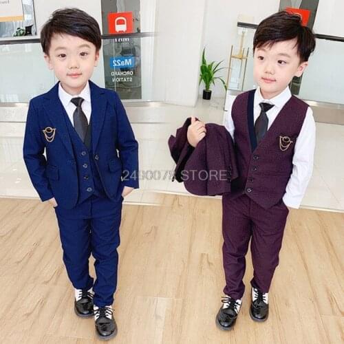 2020 Flower Boys Formal Blazer Clothing Set Kids Jacket Vest Pants Bowtie 4Pcs Wedding Tuxedo Suit Children Birthday Costume