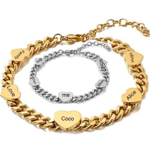 Personalized Customized Bracelets Stainless Steel 5 Hearts Bangles Engraved Family Names Man Woman Mom Dad Brother Sister Gift