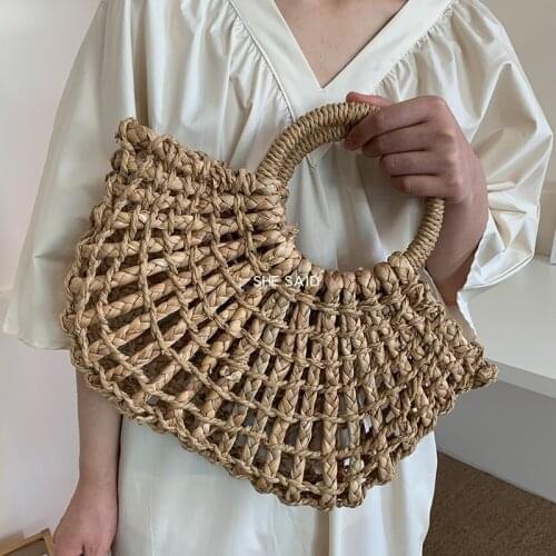 Casual Handmade Female Shoulder Bags Sac NEW Fashion Women Tote Bag Rattan Cotton Rope Hollow Straw Woven Summer Beach Bag