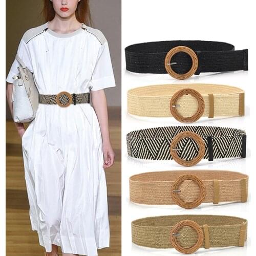 Women Braided Elastic Belt Vintage Bohe Straw Buckle Belt Women Knitted Belt Dress Belt Round Square Wooden Casual Adult Solid