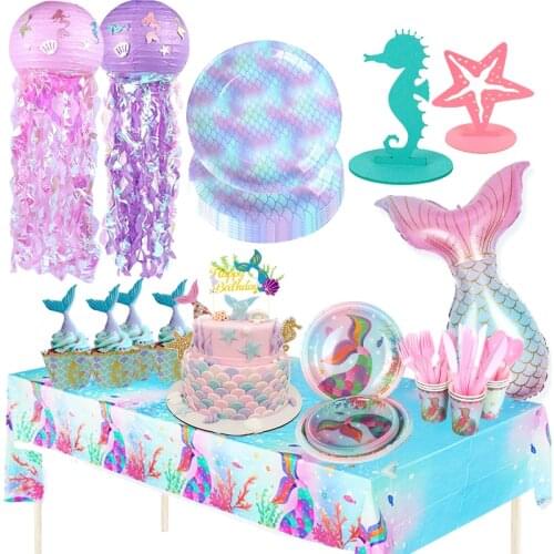 Little Mermaid Supplies Cake Stand Tableware Cup Plate Mermaid Birthday Party Decor Kids Girl Mermaid Party Decoration Mermaid