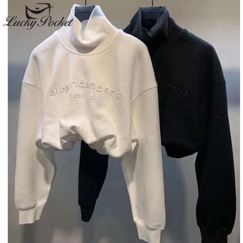 2021 Women Spring Autumn Cotton Letter Embroidery White Crop Sweatshirt Female Fashion Turtleneck Casual Pullovers Ladies Tops