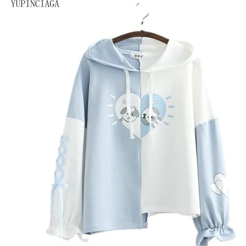 Japan Style Puppy Print Patchwork Hoodies Women 2021 Summer Cotton Hooded Loose Sweet Sweatshirt Girl Harakuju Pullover 2113540