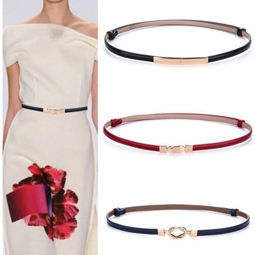 Womens Elegant Leather Belts Fashion Skinny Waistband Thin Adjustable Waist Belt with Gold Alloy Buckle Designer Female Belt
