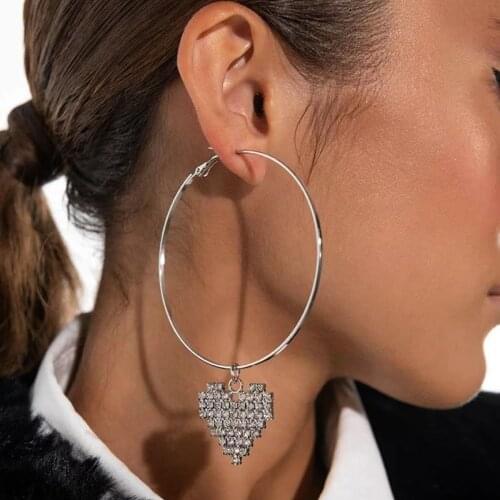 JIJIAWENHUA New Trend Womens Big Hoop Earrings Love Heart Rhinestone Pendant Earrings Dinner Party Fashion Jewelry Accessories