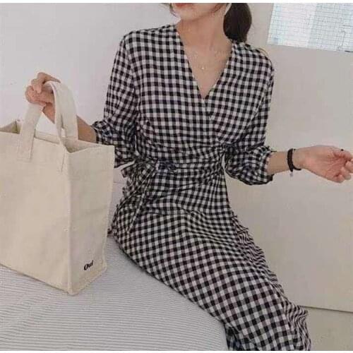 New Spring Autumn Women Plaid Dress 2020 Sashes Bow Wrap V-Neck Three Quarter Sleeve High Waist Vintage Casual Chic Vestidos