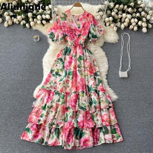 Aliunique New Trend Chic V-neck Floral Dress For Women 2021 Summer Fashion Leisure Ruffle Temperament Vacation Lady Dress