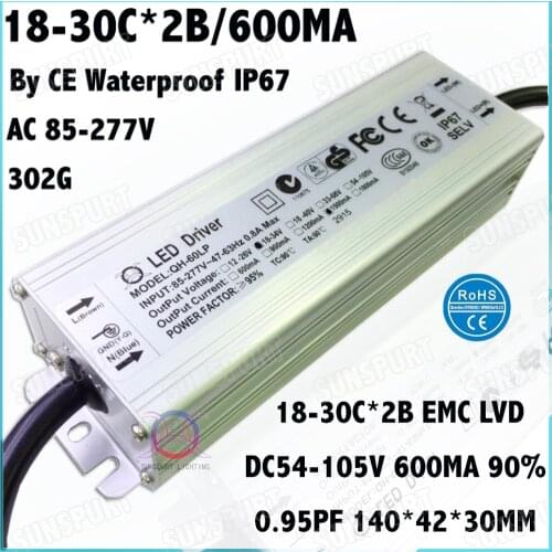 2Pcs By CE Waterproof IP67PF 60W AC85-277V LED Driver 18-30Cx2B 600MA DC54-105V Constant Current For LED Spotlight Free Shipping