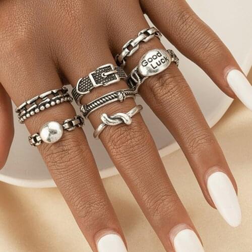 2021 Ins Trendy Antique Rhodium Good Luck Letters Belt Irregular Minimalism Finger Rings Korean Fashion Women Party Jewelry