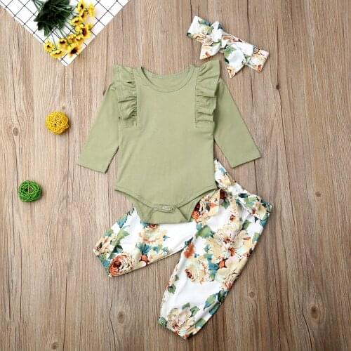 Newborn Kids Baby Boy Girl Floral Clothes Tops Romper Long Pants 3pcs Outfits