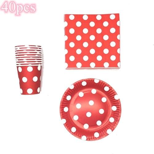 40pcs Red and White Dot Birthday Party Bundles for 10 People Dot Disposable Plates Cups Red Dot Disposable Tableware