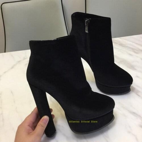 Thick Platform Boots Women Side Zipper Round Toe Suede Leather High Heel Wine Autumn Red Black Slip On Ankle Boots