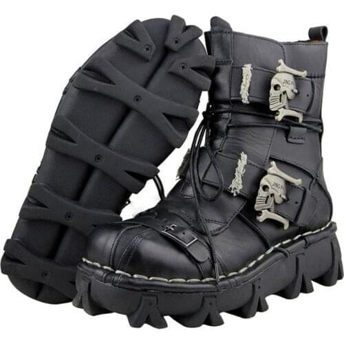 Genuine Leather Botas Motocross Boots Mens Retro Vintage Skull Punk Casual Martin Moto Shoes Motorbike Biker Bota Motociclista
