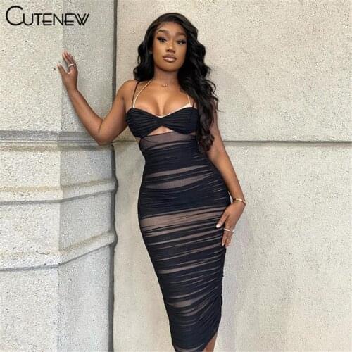 Cutenew Sexy Patchwork Black Mesh Hollow Out Halter Camisole Dress Women 2021 Summer Fashion Casual Party Vacation Beach Dresses