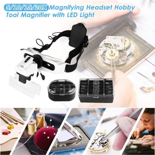KKmoon 5/10/15/20X Magnifying Headset with LED Light Magnifying Glass Head Mounted Jewelry Loupe Magnifier with Multiple Lens