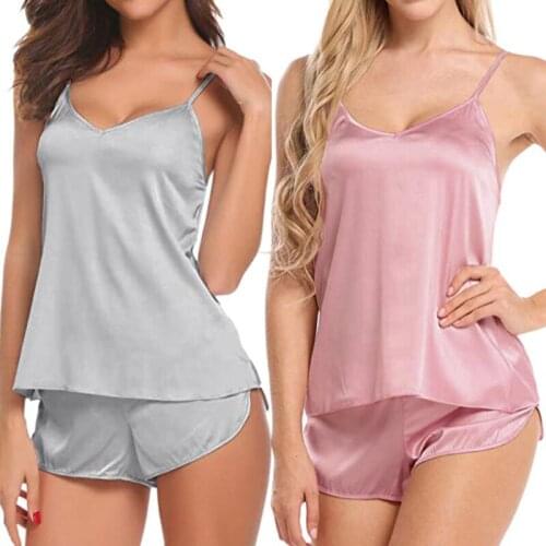 Sleepwear Set V-neck Lace Pajamas Sexy Simulation Silk Lace Sleeveless Tops+Romantic Shorts Two Sets