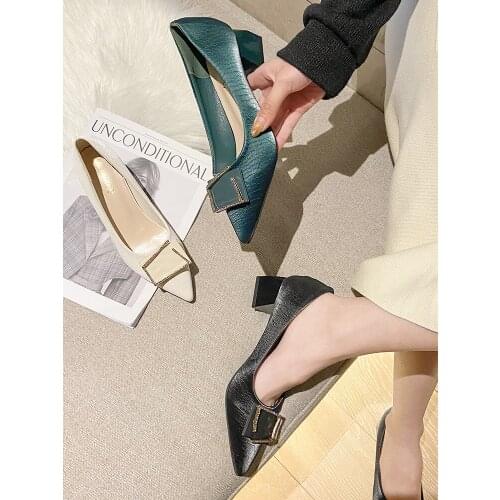 Set of pointed toe square buckle shallow mouth shoes summer new style elegant temperament ladies high heels trend