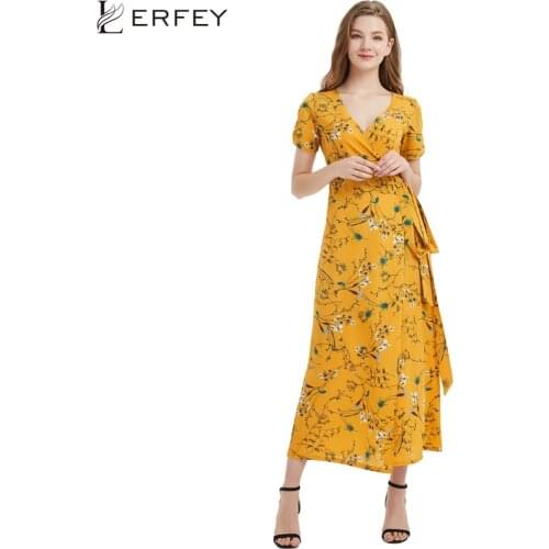 LERFEY Boho Wrap Dress Summer Women Sexy Long Maxi Beach Dress Sash Bow Tie Floral Print Casual Chiffon Dresses Retro Vestidos