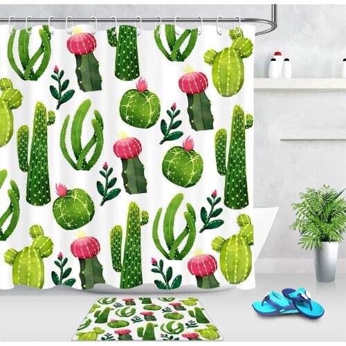 Cartoon Design Cactus Bathroom Shower Curtain Waterproof Polyester Fabric Bath Curtain Non-slip Door Mat Bathing Decoration