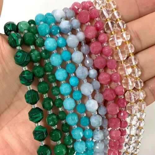 Natural Faceted Stone Beads Round Prismatic Aquamarine Green Jades Malachite For Jewelry Making DIY Bracelet Necklace 6/8/10mm