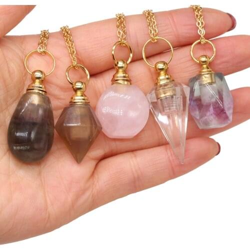 Natural Stone Perfume Bottle Necklace Rose Quartzs Fluorite Essential Oil Diffuser Vial Necklaces Elegant Gift for Women Jewelry