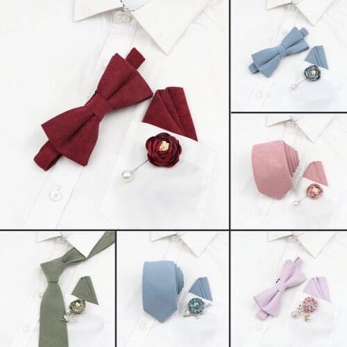 Corduroy Tie Bowtie Set Handkerchief Brooch Mens Solid Color Soft Cozy Floral design Gift Novelty Collocation For Wedding Party