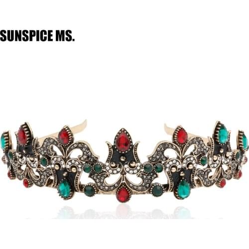 Vintage Turkish Women Flower Resin Tiaras Antique Gold Color Round Crown Open Headhand Hair Jewelry Indian Ethnic Wedding Bijoux