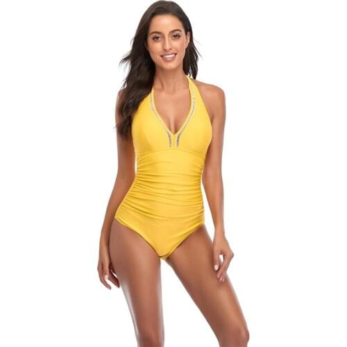 Yellow Swimsuit Women One Piece Bathing Suit Sexy V-neck Full Monokini Vintage Ladies S- XXL One-piece Female Plus Size Onepiece