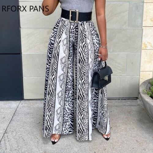 Women Pants Black & White Abstract Patterns Print Wide Leg High Waist Pants for Women 2021