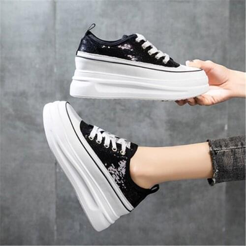 2021 Spring Women Chunky 7 CM Sneakers Vulcanize Korean Fashion New Female Black Silver Platform Thick Sole Walking Casual Shoes