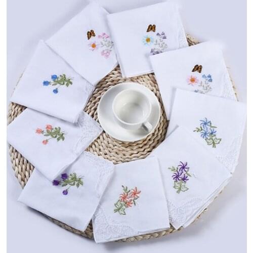 5Pcs/Set 11x11 Inch Womens Cotton Square Handkerchiefs Floral Embroidered with Butterfly Lace Corner Pastoral Style Pocket Hanky